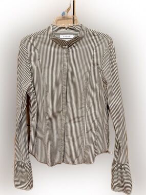 Frame Denim Khaki Green and White Striped Button-Down Blouse